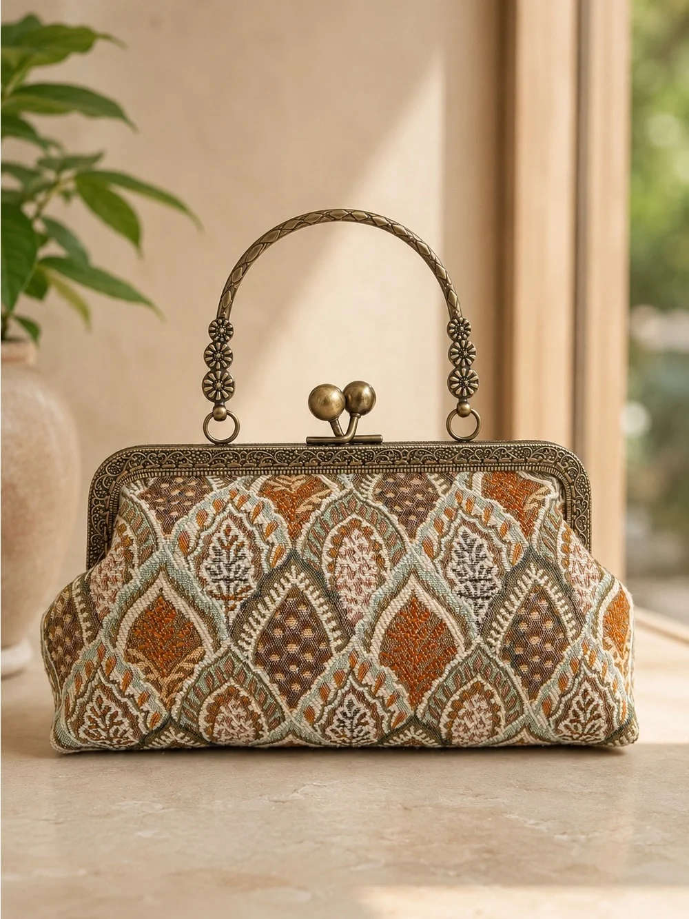 Handmade Boho Clutch Purse | Vintage Style Bronze Frame Bag